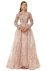 Evening Dresses Gown, A-Line Tulle Beading Mermaid Long sleeves Prom Dresses with Overskirt