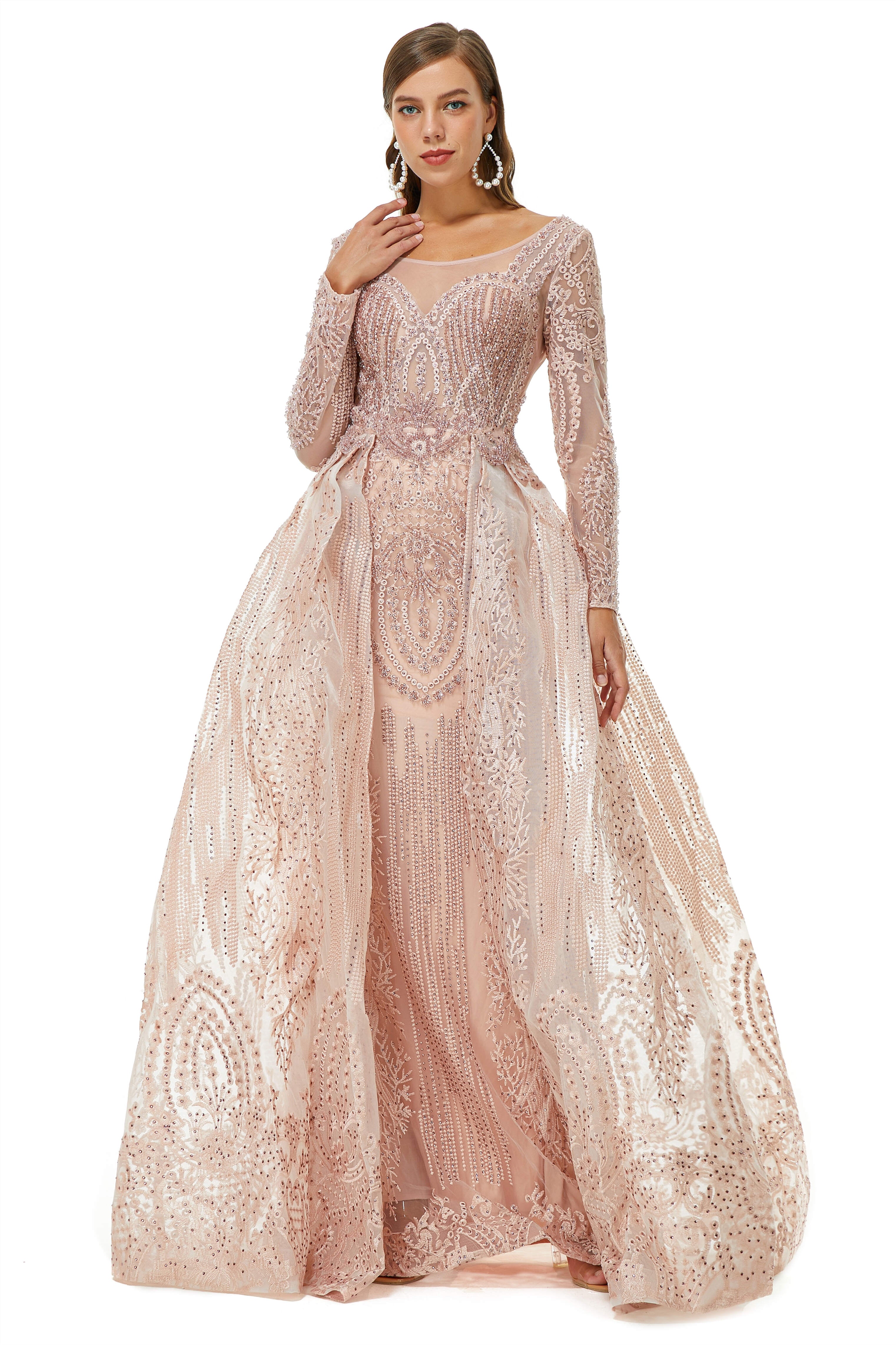 Homecoming Dresses 2043, Champange Sparkle Beaded Long Sleeves Prom Dresses