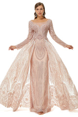 Homecoming Dress Elegant, Champange Sparkle Beaded Long Sleeves Prom Dresses