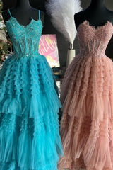 Prom Dresses For Curvy Figure, Periwinkle Lace Sweetheart Tiered Long Prom Dress with Ruffles