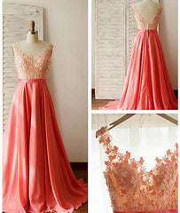 Semi Formal Outfit, Charming A-Line Appliques V-Neck Lace Long Prom Dresses, Long Formal Dresses