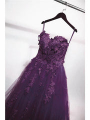 Prom Dresses Pieces, Charming Ball Gown Purple Tulle Sweetheart Lace Applique Formal Dress, Purple Sweet 16 Dresses