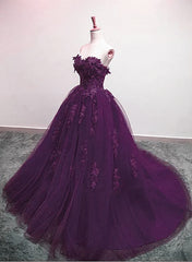 Prom Dress Piece, Charming Ball Gown Purple Tulle Sweetheart Lace Applique Formal Dress, Purple Sweet 16 Dresses