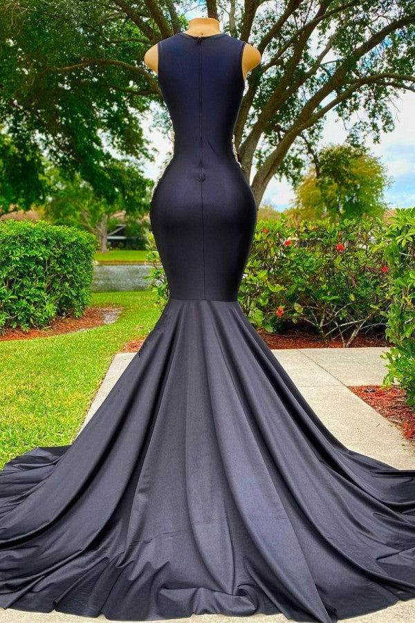 Evening Dress For Party, Charming Black Long Mermadi Jewel Satin Tulle Lace Appliques Prom Dress