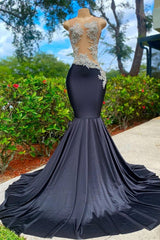 Evening Dresses For Party, Charming Black Long Mermadi Jewel Satin Tulle Lace Appliques Prom Dress