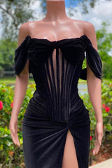 Evening Dresses Stunning, Charming Black Long Mermaid Off the Shoulder Velvet Prom Dress with Slit