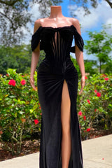 Evening Dress Stunning, Charming Black Long Mermaid Off the Shoulder Velvet Prom Dress with Slit