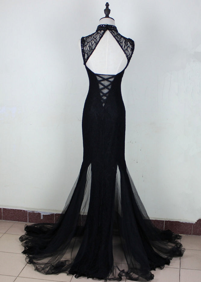 Bridesmaid Dress Long Sleeves, Charming Black Mermaid Backless Long Evening Dress, High Neckline Prom Dress