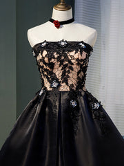 Groomsmen Attire, Charming Black Satin with Lace Applique Homecoming Dress, Knee Length Prom Dress