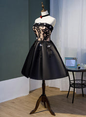 Bridesmaid Propos, Charming Black Satin with Lace Applique Homecoming Dress, Knee Length Prom Dress