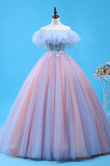 Satin Dress, Charming Blue and Pink Tulle Off Shoulder Sweet 16 Dress with Lace, Ball Gown Formal Dress