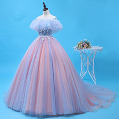 Wedding Guest Outfit, Charming Blue and Pink Tulle Off Shoulder Sweet 16 Dress with Lace, Ball Gown Formal Dress