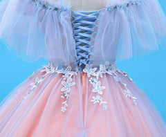 Reception Dress, Charming Blue and Pink Tulle Off Shoulder Sweet 16 Dress with Lace, Ball Gown Formal Dress