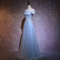 Party Dress High Neck, Charming Blue Elegant Tulle Party Dress with Lace Applique, Long Prom Dress