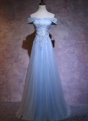 Ranch Dress, Charming Blue Elegant Tulle Party Dress with Lace Applique, Long Prom Dress
