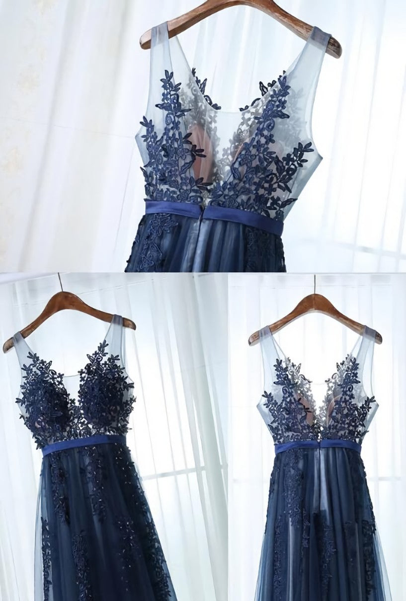 Formal Dresses Near Me, Charming Blue Lace Applique Prom Dress, A-line Blue Bridesmaid Dress