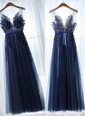 Formal Dress Stores Near Me, Charming Blue Lace Applique Prom Dress, A-line Blue Bridesmaid Dress