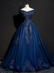 Formal Dress Shops Near Me, Charming Blue Off the Shoulder Long Sweet 16 Dress, Handmade Party Gown