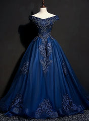 Formal Dress Shop Near Me, Charming Blue Off the Shoulder Long Sweet 16 Dress, Handmade Party Gown