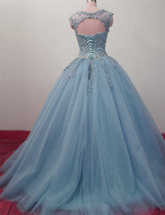 Formal Dress Long Gowns, Charming Blue Tulle Long Ball Gown Sweet 16 Dress with Lace, Formal Gown