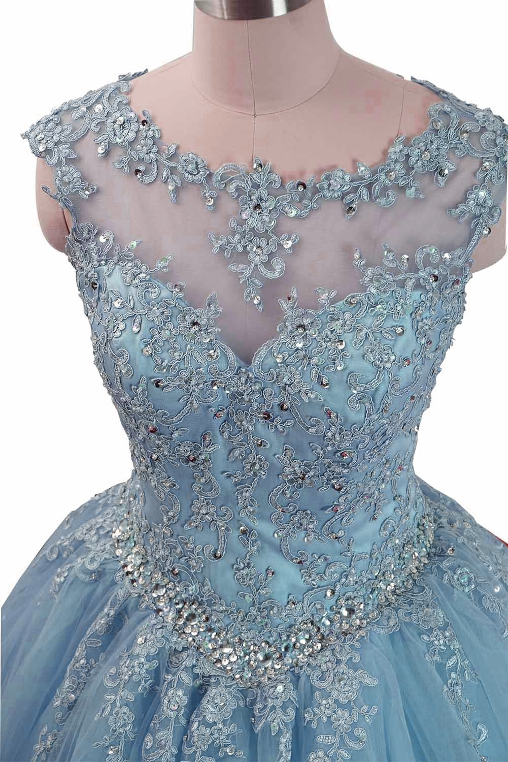 Formal Dresses Long Gowns, Charming Blue Tulle Long Ball Gown Sweet 16 Dress with Lace, Formal Gown