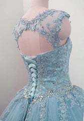 Formal Dress Boutiques Near Me, Charming Blue Tulle Long Ball Gown Sweet 16 Dress with Lace, Formal Gown