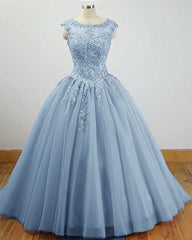 Formal Dress Long Gown, Charming Blue Tulle Long Ball Gown Sweet 16 Dress with Lace, Formal Gown