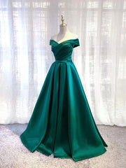 Party Dress Design, Charming Dark Green Satin Long Junior Prom Dress, Off Shoulder Evening Gown