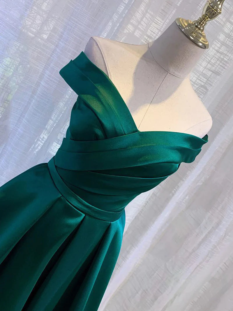 Party Dress Designs, Charming Dark Green Satin Long Junior Prom Dress, Off Shoulder Evening Gown