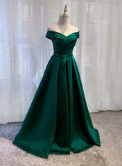Party Dress Night, Charming Dark Green Satin Long Junior Prom Dress, Off Shoulder Evening Gown