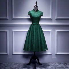 Wedding Dresses Different, Charming Dark Green Tea Length High Neckline Party Dress, Wedding Party Dress