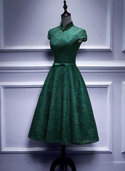 Wedding Dress For, Charming Dark Green Tea Length High Neckline Party Dress, Wedding Party Dress