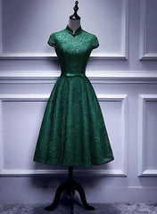 Wedding Dresses Sale, Charming Dark Green Tea Length High Neckline Party Dress, Wedding Party Dress