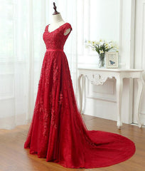 Formal Dress For Wedding, Charming Dark Red Lace A-line Long Prom Dress, Red Evening Gown