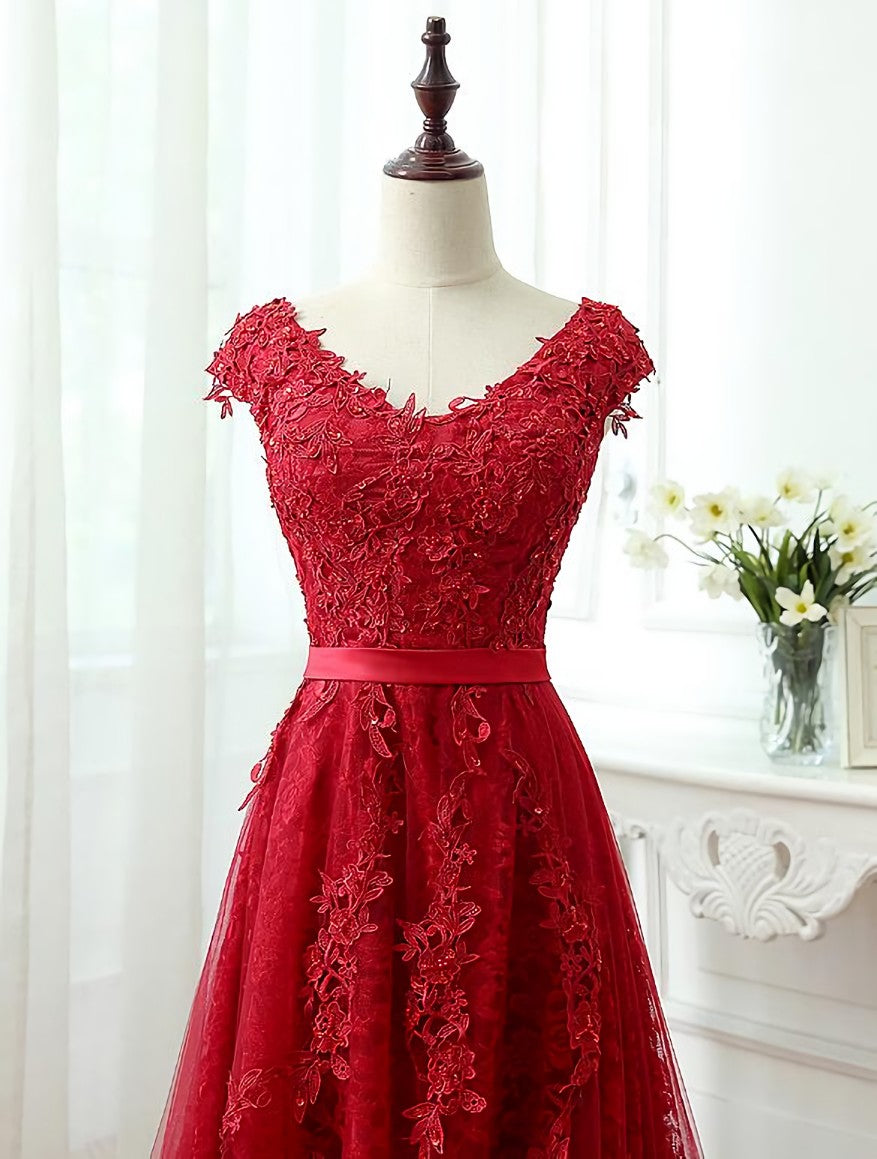 Formal Dressing For Wedding, Charming Dark Red Lace A-line Long Prom Dress, Red Evening Gown