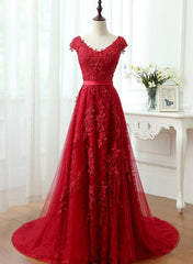 Formal Dresses For Wedding, Charming Dark Red Lace A-line Long Prom Dress, Red Evening Gown