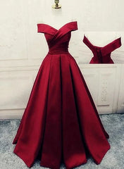 Party Dress Patterns, Charming Dark Red Satin A-line Off Shoulder Gown, Prom Dress