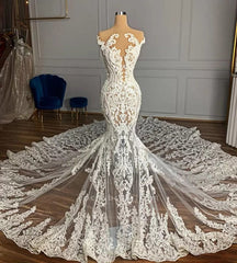 Wedding Dresses Elegant, Charming Jewel Garden Sleeveless Mermaid Lace Wedding Dress with Appliques