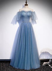 Prom Dress Shop, Charming Light Blue Tulle Puffy Sleeves Floor Length Party Dress, Blue A-line Pricess Gowns Prom Dress
