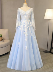 Party Dress Inspo, Charming Light Blue Tulle V-neckline Long Party Dress, Prom Dress