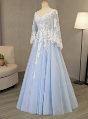 Party Dresses Classy, Charming Light Blue Tulle V-neckline Long Party Dress, Prom Dress