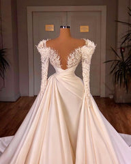 Weddings Dress Online, Charming Long A-line Cathedral V-neck Satin Lace Wedding Dresses With Sleeves