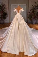Wedding Dress With Shoes, Charming Long A-line Off-the-shoulder Cathedral V-neck Satin Lace Wedding Dress