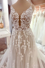 Wedding Dress Customization, Charming Long A-Line Spaghetti Straps Appliques Lace Tulle Backless Wedding Dress