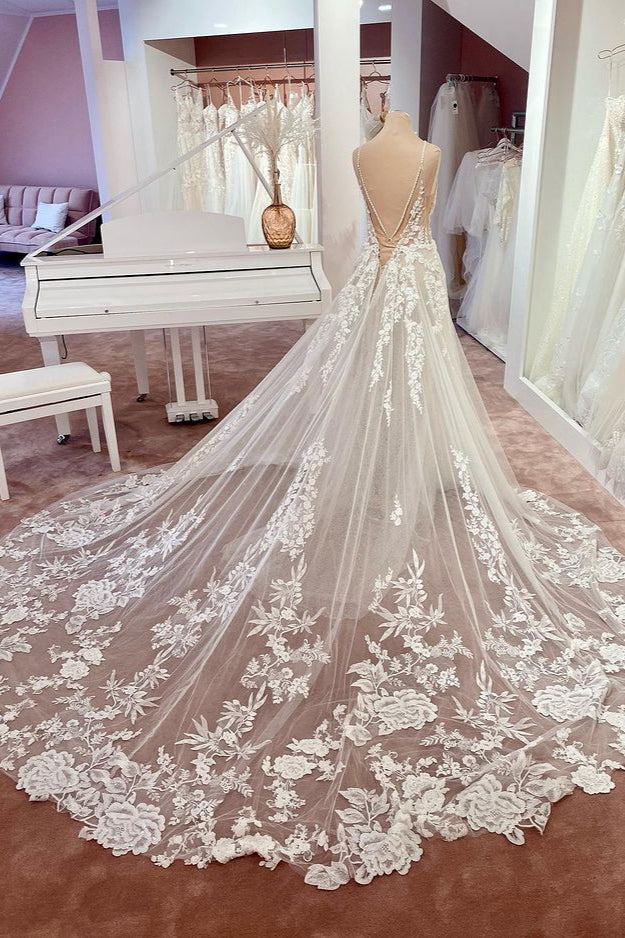 Wedding Dresses Modern, Charming Long A-Line Spaghetti Straps Appliques Lace Tulle Backless Wedding Dress