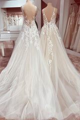 Wedding Dress Wedding Dresses, Charming Long A-Line V-neck Appliques Lace Tulle Wedding Dress