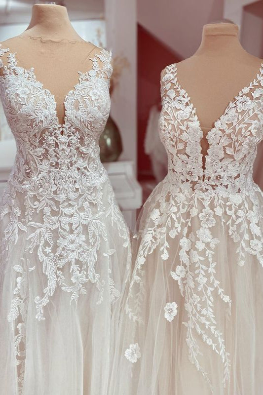 Wedding Dress Elegant, Charming Long A-Line V-neck Appliques Lace Tulle Wedding Dress