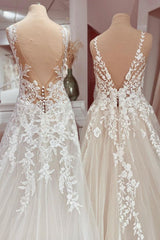 Wedding Dress Sale, Charming Long A-Line V-neck Appliques Lace Tulle Wedding Dress