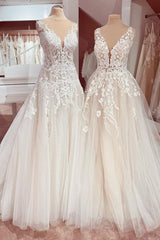 Wedding Dresses 2026, Charming Long A-Line V-neck Appliques Lace Tulle Wedding Dress