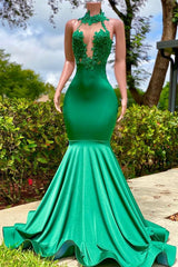 Evening Dress Cheap, Charming Long Mermaid Halter Stretch Satin Lace Backless Prom Dress